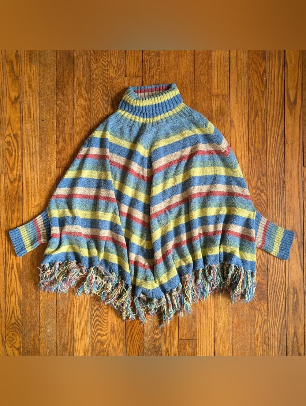 Y2k Striped Knit Turtleneck Poncho Sweater with Tassels